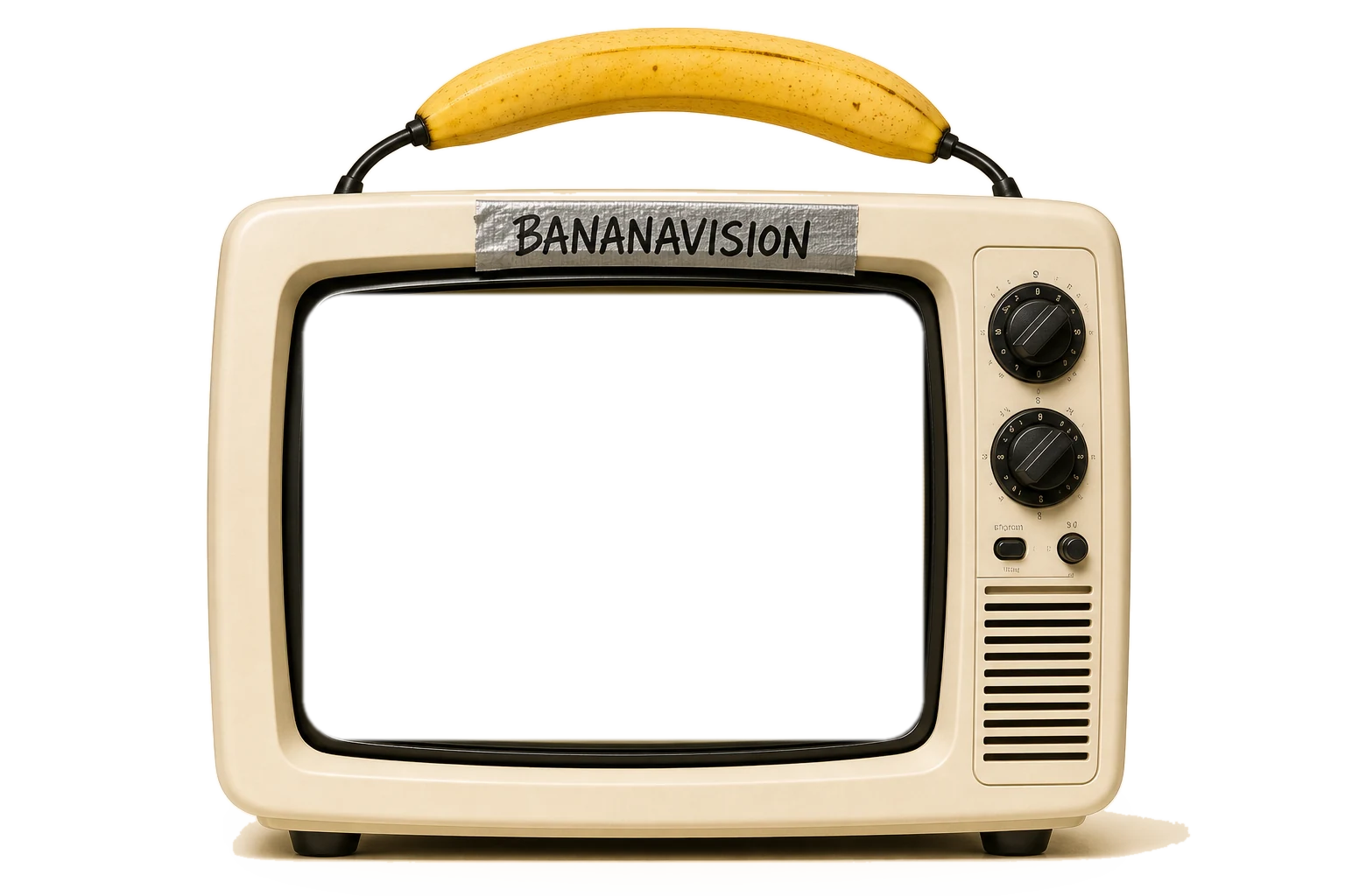 A cream retro portable television with a banana for a handle, BANANAVISION written on tape across the top